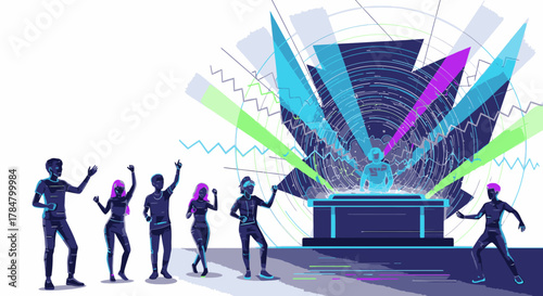 A group of silhouetted people dancing joyfully in front of a vibrant, abstract DJ stage with colorful lights and sound waves.