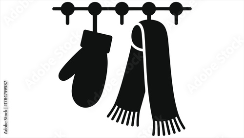Winter Clothing Icon: Black Silhouette Vector of Mitten and Scarf Hanging on Hooks. Ideal for Cold Weather Season Graphics, Warm Accessories, and Winter Fashion Designs.