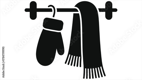  Winter Mitten and Scarf Icon Hanging on Rack - Simple Black Silhouette Vector for Cold Weather, Frost, Snow Day Apparel, and Seasonal Graphics