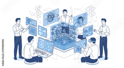 Illustration depicting a team of people interacting with advanced technology and data visualization.