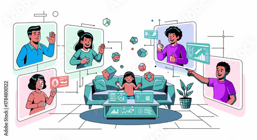 A girl is video conferencing with her family on a couch in a living room.