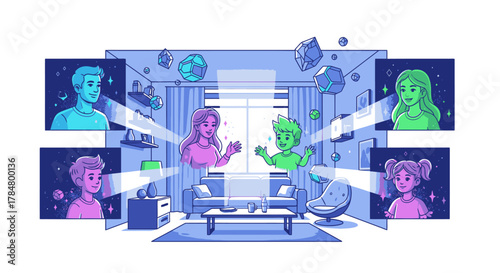 Illustration of people connecting virtually in a living room, with avatars appearing in holographic projections.