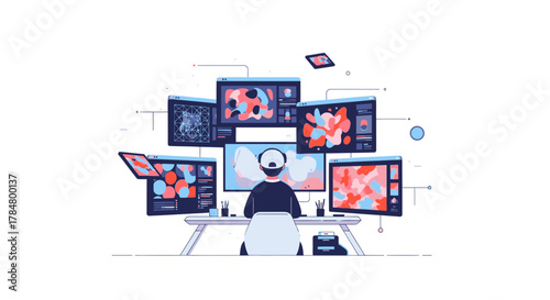 A data analyst or developer working with multiple monitors displaying complex information and visualizations.