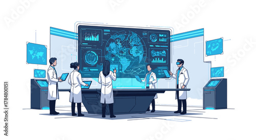 Scientists in lab coats analyzing data on a large screen with world map graphics.