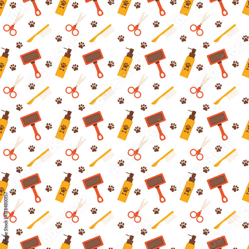 Pet grooming seamless pattern with slicker brush, shampoo bottle, scissors, comb, paw prints for textiles.