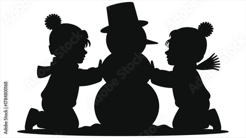 Silhouette of two children building a snowman. Vector illustration of kids enjoying winter fun. Black and white graphic for Christmas, holidays, and childhood play.
