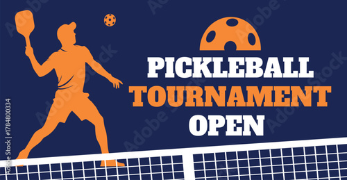 Vector flat illustration an orange silhouette of a man playing pickleball. Pickleball Tournament Open is on a dark blue background with a net. Dynamic, scalable, suitable for events, sports clubs