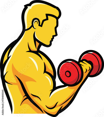Fitness man lifting red dumbbell, bodybuilding concept vector
