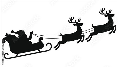 Santa Claus in sleigh silhouette vector. Reindeer flying on Christmas Eve. Holiday icon, graphic illustration isolated on white background