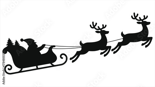 Festive Santa Claus with Flying Reindeer & Sleigh Vector Silhouette. Christmas Holiday Season Graphic Icon. Ideal for Winter Designs, Cards, & Decorations.