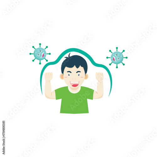Strong Immunity kid illustration. Child flexing with virus or shield motifs, symbolizes immune strength and health protection.