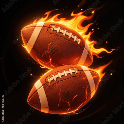 Two flaming footballs in dynamic motion with fiery glow