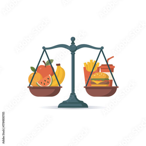 Food balance scale icon vector. Scale weighing healthy food versus fast food, concept for nutrition and diet choice.