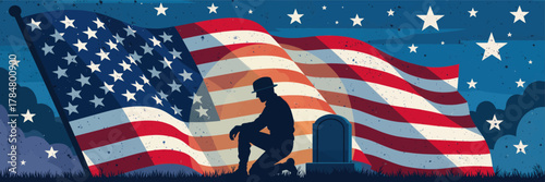 Veteran Pays Respects at Grave Under American Flag