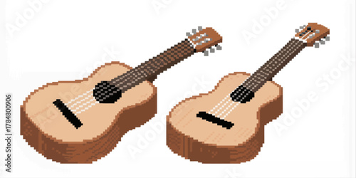 Two Pixel Art Ukuleles Isolated on White Background