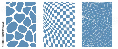 Blue Organic Shapes and Distorted Grids on White Background abstract pattern