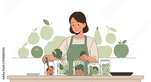 Young woman preserving fresh vegetables in jars for winter food storage concept