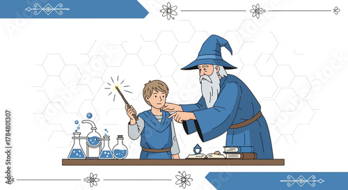 Wizard teaching young apprentice magic, science, education, learning, and knowledge concept