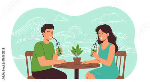 Young couple enjoying healthy green smoothies at a beachfront cafe illustration