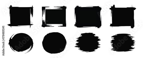 Collection of eight black grunge brush stroke frames and oval shapes on white background Keywords: grunge, brush stroke, frame, shape