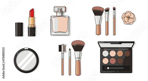 A collection of makeup and beauty products including lipstick, perfume, brushes, and an eyeshadow palette.