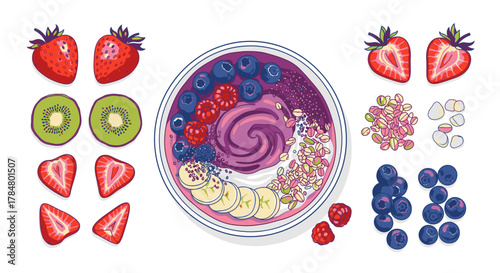 Colorful illustration of a healthy acai bowl with various fresh fruits and toppings.