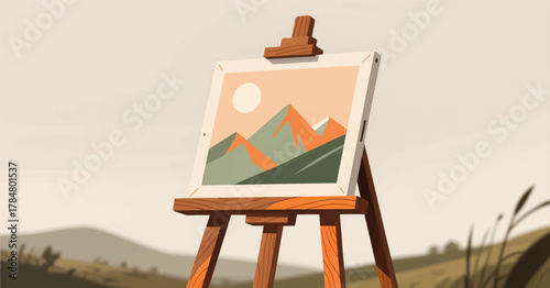 Wooden easel displaying stylized mountain landscape painting