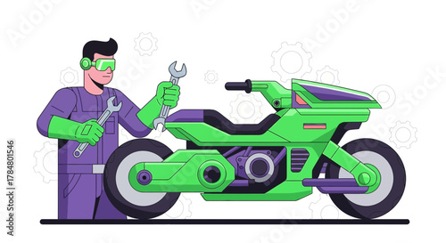 Cartoon mechanic repairing futuristic motorcycle with wrenches in a service environment