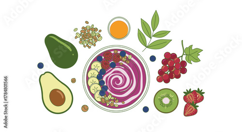 A vibrant illustration of a healthy smoothie bowl surrounded by fresh fruits and nutritious ingredients.