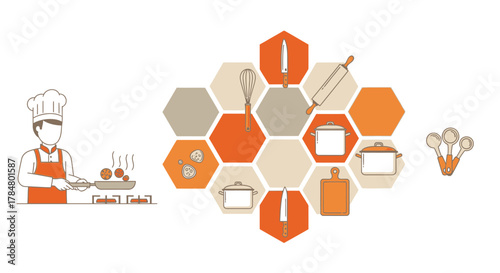 Culinary Concept Design: Chef Preparing Food Surrounded by Kitchen Utensils in Hexagons