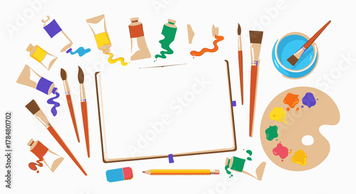 Art supplies scattered around a blank canvas, including paints, brushes, palette, and drawing tools, ready for creative expression.