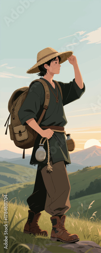 Young Traveler with Straw Hat Standing in Pastoral Landscape