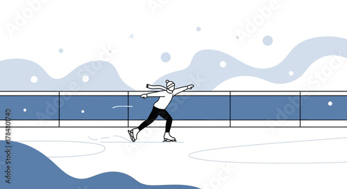 Elegant winter scene of a figure skater gliding gracefully on a pristine ice rink surrounded by