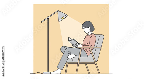 Illustration depicting a woman reading in a chair under a lamp in a cozy setting