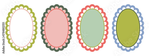 Four colorful scalloped oval frames with white centers and decorative borders on white background Keywords: frame, oval, scalloped, decorative