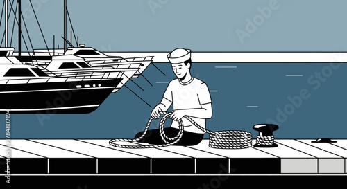 Illustration of a sailor preparing ropes on a dock with luxury yachts in the background showcasing