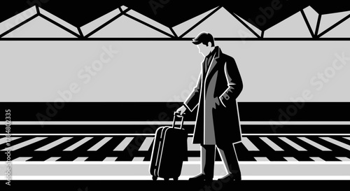 Monochrome illustration of a traveler at a train station with suitcase ready to depart