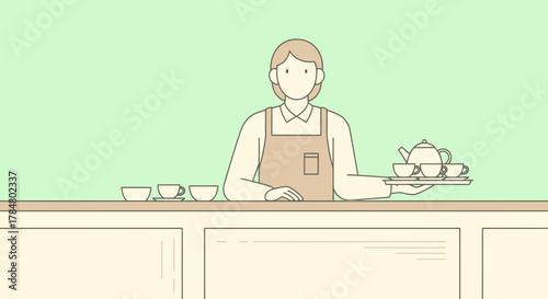 Minimalist illustration of a server holding a tea set in a serene pastel setting offering a moment