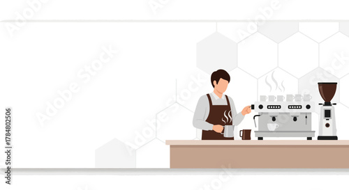 Professional barista preparing coffee in coffee shop with modern equipment vector design