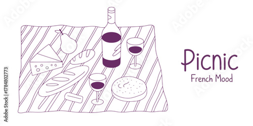 French picnic scene with wine cheese bread and fruit on a striped blanket Keywords: picnic, french, mood, wine, bottle, glasses, cheese, bread