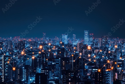 Wallpaper Mural A vibrant digital network illuminates the modern city skyline at night, connecting urban buildings with advanced communication technology and data flow. Torontodigital.ca