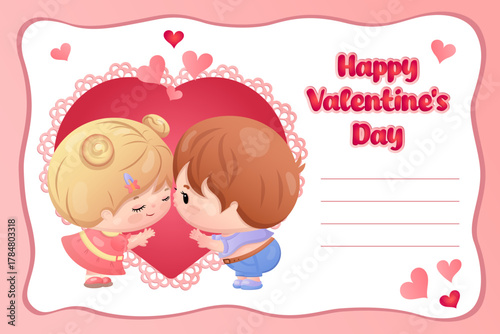 Adorable kids in love with heart background for valentine?s day card design.