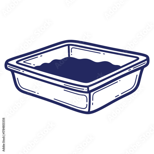Hand drawn dark blue cat litter box with a rectangular shape and filled with cat litter for domestic animals