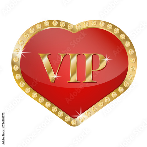 Red heart vip emblem with gold studded border on white background.