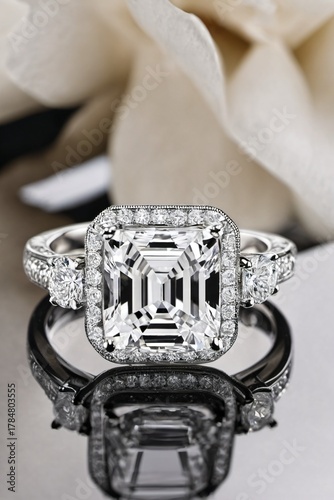 Luxury diamond engagement ring with Asscher cut stone on reflective surface