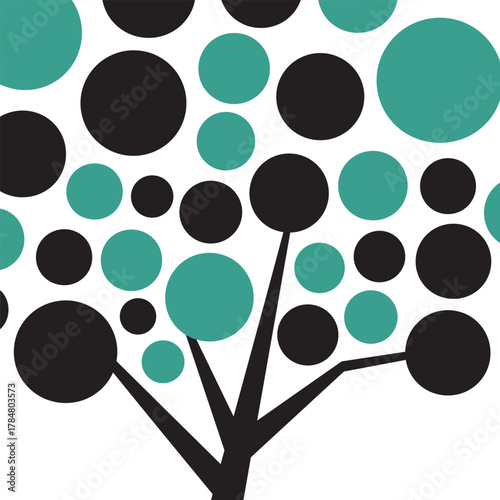 Abstract tree silhouette with black and teal circles on white background dots