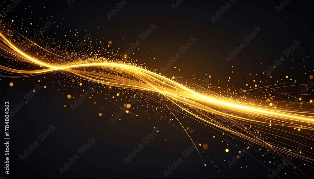 Fototapeta premium Golden abstract wave on dark background luxury glow effect with shimmering particles for presentation.