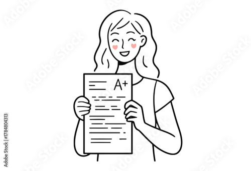 Happy girl holding an A+ test paper with blush marks on cheeks Keywords: student, girl, happy, smiling, A plus, test, paper, grade, achievement