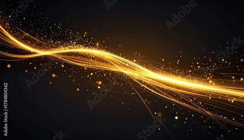 Golden abstract wave on dark background luxury glow effect with shimmering particles for presentation.