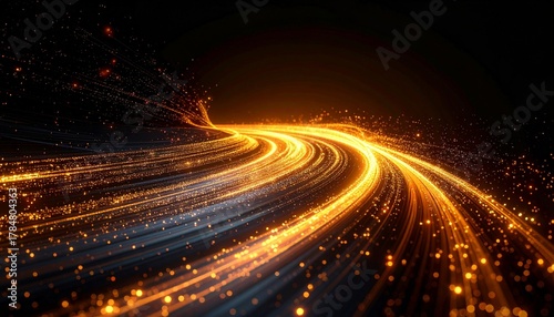 Abstract Golden Light Trails with Sparkling Particles on Dark Background for Technology or Innovation Concepts.